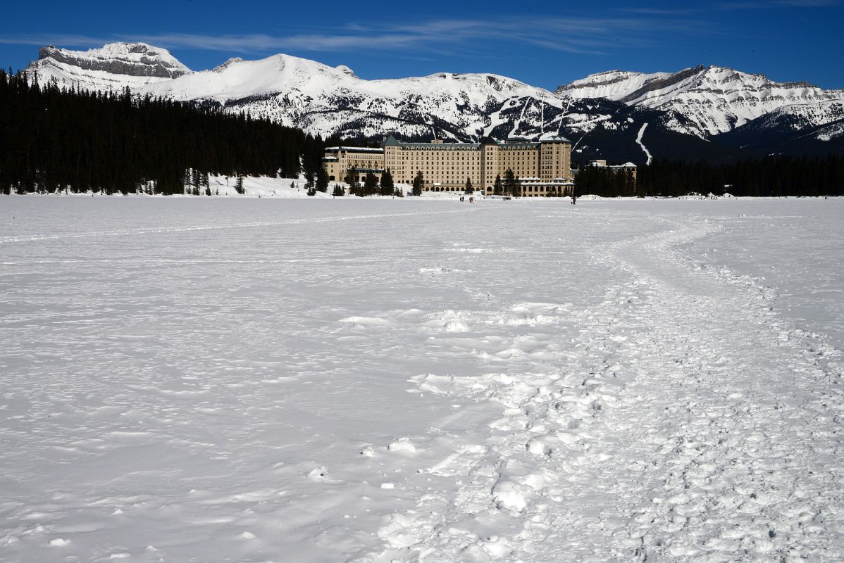 21 Frozen Lake Louise With Chateau Lake Louise, Mount Richardson, Whitehorn Mountain, Redoubt Mountain, Lipalian Mountain Behind In Winter